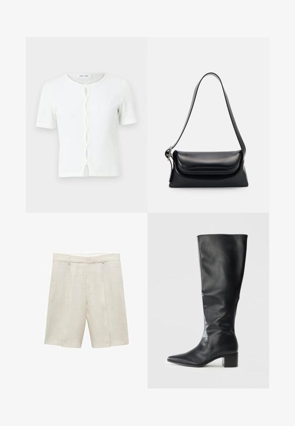 Witte geribde top met korte mouwen, voorzien van een ronde hals en een knoopsluiting met een golvende detail. Glad textuur, casual pasvorm.; PULL&BEAR Top - white; Beige linnen shorts met een getailleerde pasvorm, voorzien van een rechte voorkant, dubbele plooien en ceintuurlussen. Gladde textuur, lengte tot halverwege de dij.; Zwarte leren kniehoge laars met een spitse neus en blokhak, gezien vanaf de zijkant tegen een effen achtergrond.; Zwarte leren handtas met een gestructureerde vorm, een gladde textuur en een enkele schouderband. Heeft een subtiele, afgeronde klepontwerp.
