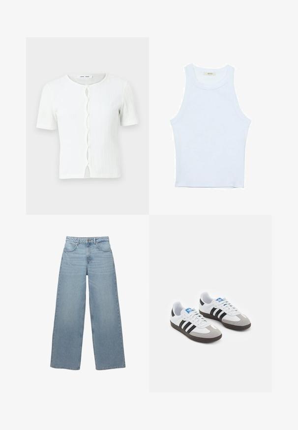 Vit ribbad kortärmad topp med rund halsringning och knäppning framtill med en vågig detalj. Slät textur, avslappnad passform.; Vit linne med ribbat mönster, rund halsringning, ärmlös design, figurnära passform, diskret logotyp på etiketten inuti halsringningen.; Ljusblå vida jeans i bomullsdenim, med fem fickor, knappknäppning fram och minimal frans längs fållen.; Sportskor med överdel i vit läder, grå mocka på tårna och tre svarta ränder. Har en blå logotyp på tungan och en texturerad gummisula.
