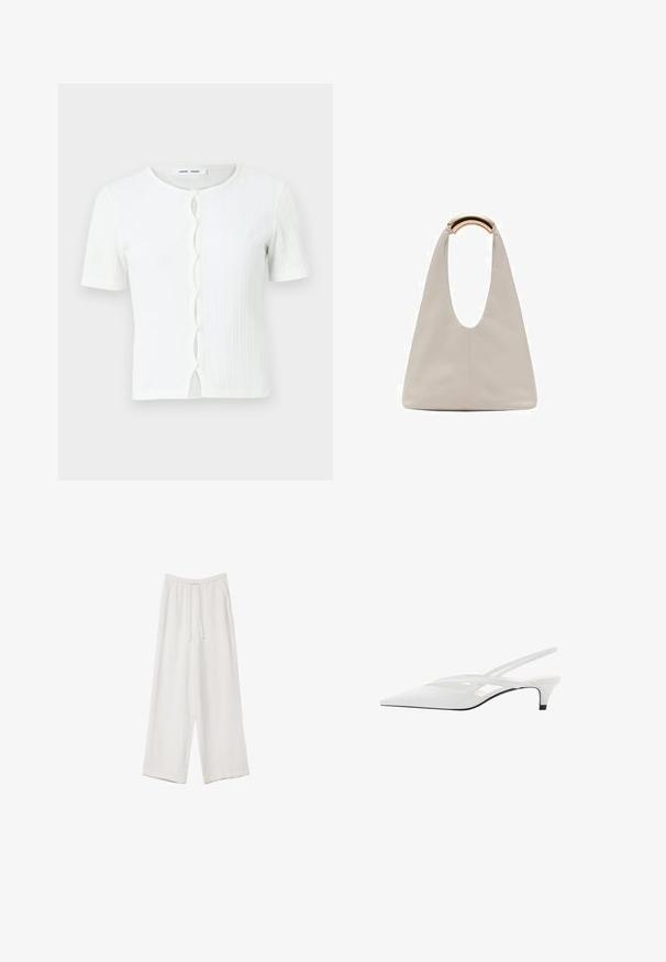 Bela rebrasta majica s kratkimi rokavi, kroglo izrezom in sprednjim zapenjanjem s valovitim detajlom. Gladka tekstura, udoben kroj.; Bela majica s kratkimi rokavi sproščenega kroja in z gubanim materialom na pasu. Narejena iz mehkega, lahkega blaga.; Bele široke hlače iz lahkega materiala. Imajo elastičen pas s vrvico in stranske žepe. Gladka tekstura.; Bela slingback peta z ošiljenim nosom, z gladkim zgornjim delom, subtilnimi izrezi in nizkim blok petkom. Črna podplat poudarja dizajn.; Svetlo siva usnjena torba z U-oblika zasnovo in ukrivljenim kovinskim ročajem. Gladka tekstura z minimalnim šivom in brez vidnih vzorcev.