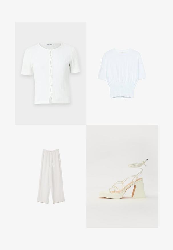 Bijeli rebrasti kratkosazavni top s okruglim izrezom i preklopom na dugmiće s valovitim detaljem. Glatka tekstura, ležeran kroj.; Bijela majica kratkih rukava s opuštenim krojem i nabrano teksturom na struku. Izrađena od mekog, laganog materijala.; Bijele hlače širokih nogavica napravljene od lagane tkanine. Imaju elastičan pojas s ušicom i bočne džepove. Glatka tekstura.; Bijela sandala na visokoj potpetici s debelim petom, s remenom i vezanjem oko gležnja. Glatka tekstura s platformom sprijeda za dodatnu visinu.