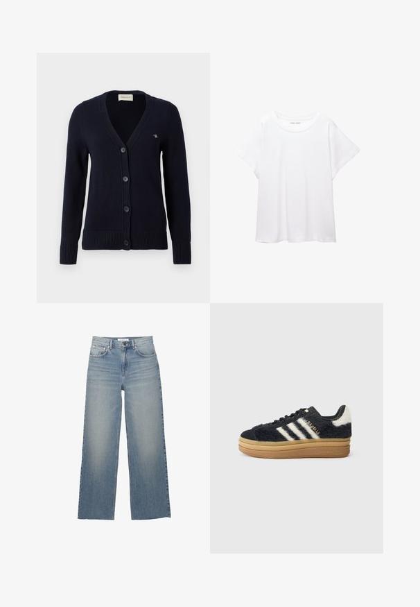 Sötétkék kardigán V-nyakkal, öt gombos záródással, bordázott mandzsettákkal és szegéllyel, bal mellen kis logóval. Kötött anyagból készült.; Fehér póló, puha, könnyű anyagból készült. Kerek nyakú, rövid, széles ujjaival és laza szabásával rendelkezik. Nincsenek látható minták.; Világoskék, bő szárú farmernadrág, magasan illeszkedő derékkal, elülső zsebekkel és gombos záródással. Sima textúra, fakó részekkel.; Fekete bolyhos sportcipők fehér csíkokkal és arany betűzéssel, vastag gumi talppal és texturált felső résszel. Bolyhos hátsó része van.