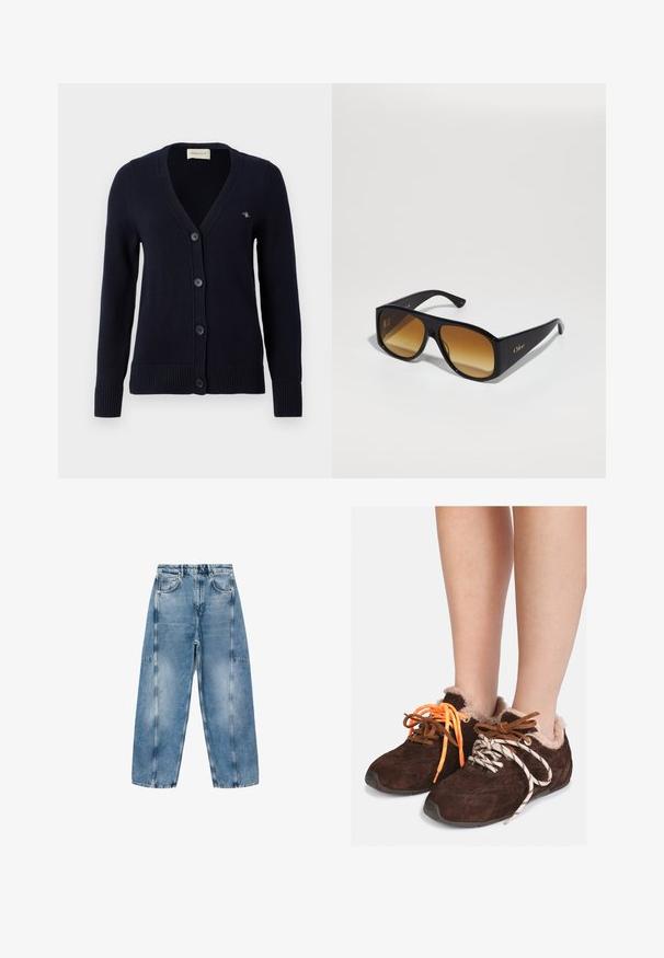 Dunkelblauer Cardigan mit V-Ausschnitt, fünf Knöpfen, gerippten Bündchen und Saum, mit einem kleinen Logo auf der linken Brust. Hergestellt aus Strickmaterial.; Weißes Kurzarm-T-Shirt aus weicher Baumwolle, mit Rundhalsausschnitt und entspannter Passform sowie gerollten Säumen. Keine Muster oder Verzierungen.; Hellblaue Denim-Jeans haben eine lockere Passform, große Taschen und kontrastierende Nähte. Der Stoff hat eine ausgeblichene Optik mit einer glatten Textur.; Braune Wildleder-Slipper mit Fellfutter, die barfuß getragen werden, mit unpassenden Schnüren: eine orange und eine weiße mit schwarzen Streifen.; Schwarze rechteckige Sonnenbrille mit braunen Verlaufslinsen. Hergestellt aus Plastik, mit einer glatten Oberfläche und einem dezenten goldenen Logo am Bügel.