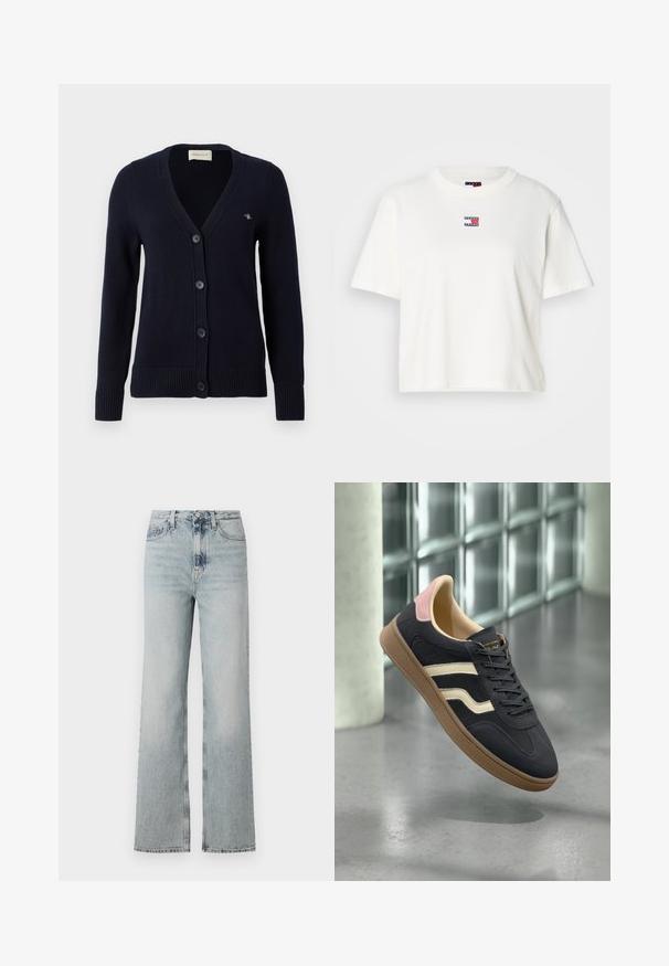 Mornarji modri kardigan z V-izrezom, zapiranje na pet gumbov, rebrasti manšeti in rob, z majhnim logotipom na levem prsnem delu. Narejen iz pletene tkanine.; Bela bombažna majica s krojnim izrezom in kratkimi rokavi. Na prsih ima majhen barvit logotip s rdečimi, modrimi in belimi akcenti.; Visoko pasne, svetlo modre kavbojke z širokim krojem, ki imajo pet žepov in subtilno bledenje po tkanini.; Mornarsko modri usnjeni športni copati s kremnimi črtami, roza poudarki na peti in teksturiranim tanjem gumijastim podplatom. Klasična nizka zasnova.