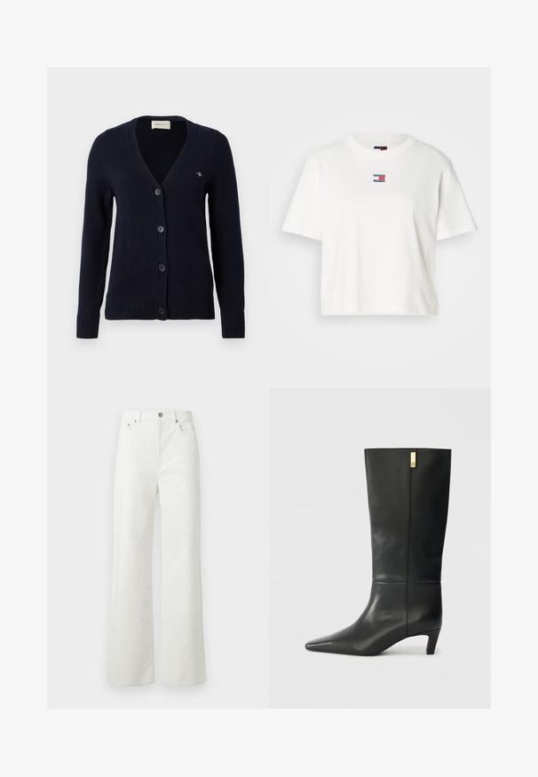 Navy blue cardigan with a V-neck, five button closure, ribbed cuffs and hem, features a small logo on the left chest. Made of knit material.; White cotton t-shirt with a crew neckline and short sleeves. Features a small color logo patch with red, blue, and white accents on the chest.; Samsøe Samsøe SHELLY - Relaxed fit jeans - clear cream; Black leather knee-high boot with a pointed toe and a small heel. Features a sleek design with a gold accent detail. Smooth texture.