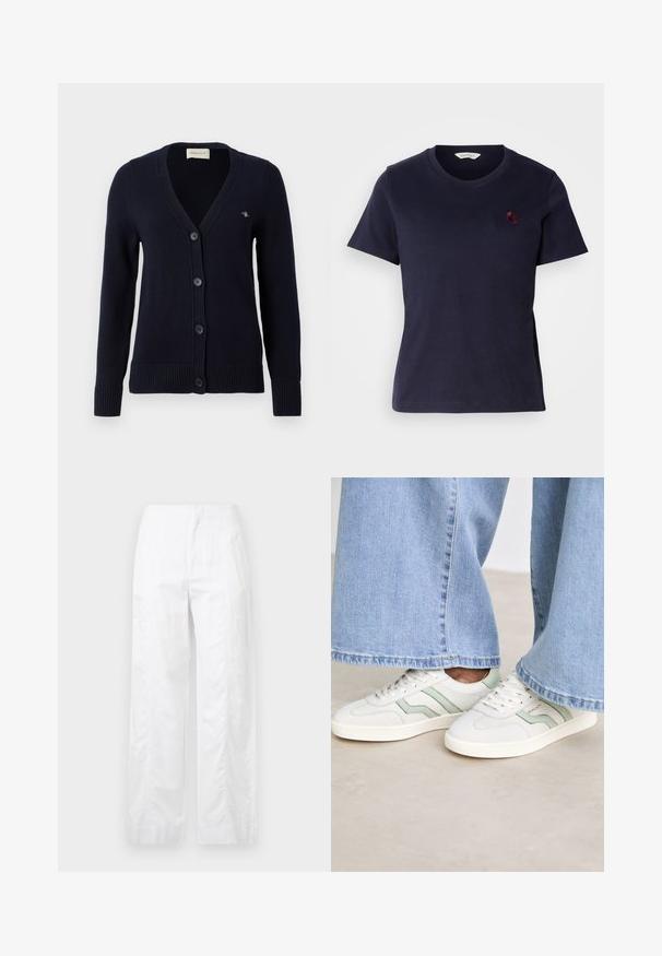 Tumed sinine kardigan V-kaelusega, viie nööbiga kinni, ribatud varruka- ja alumine serv, vasakul rinnal on väike logo. Valmistatud kudumaterjalist.; Tumed sinine puuvillane T-särk, millel on V-kaeluse disain, lühikesed varrukad ja rinnal väike burgundi värvi tikandiga logo. Pehme tekstuur.; Valged laiad püksid, mis on valmistatud kergetest materjalidest, omades siledat tekstuuri, puhtaid jooni ja kõrget vöökohta.; Valged spordijalatsid heleda rohelise aktsendiga, tekstureeritud nahast ja lame kummist tallaga. Kombineeritud laiade jalgade denimpükstega.