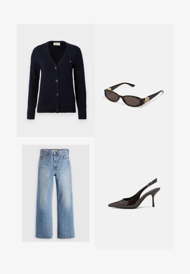 Sötétkék kardigán V-nyakkal, öt gombos záródással, bordázott mandzsettákkal és szegéllyel, bal mellen kis logóval. Kötött anyagból készült.; Fekete, hosszú ujjas póló, pamut keverékből készült, kerek nyakú és fitted dizájnnal rendelkezik, látható minták vagy grafikák nélkül.; Világoskék farmer, széles szárú nadrág magas derékkal, kopott területekkel, öt zsebbel és kontrasztos varrással. Klasszikus gombos és cipzáras záródás.; Fényes sötétbarna lakkbőr magas sarkú slingback cipő, hegyes orral, nyitott oldalakkal és állítható bokapánttal.; Tortából készült napszemüveg, hosszúkás ovális lencsékkel, barna színű árnyalattal, arany logóval a fülkagylón, és karcsú fekete szárakkal.