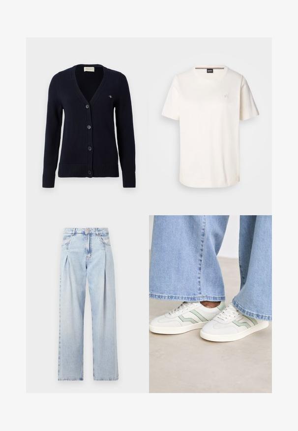 Navy blue cardigan with a V-neck, five button closure, ribbed cuffs and hem, features a small logo on the left chest. Made of knit material.; White cotton t-shirt with short sleeves, round neckline, and a small logo on the chest. Smooth texture and straight hemline.; Light blue denim jeans with a high waist, wide-leg cut, two side pockets, and pleated design feature. Soft texture with a faded finish.; White sneakers with light green accents, textured leather, and flat rubber soles. Paired with wide-leg denim pants.