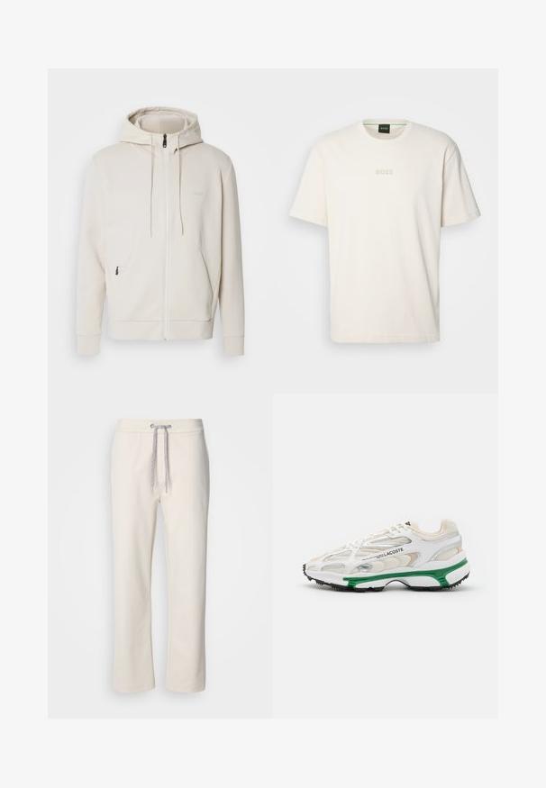 BOSS SAGGY - Sweater met rits - light beige; BOSS TEE - T-shirt basic - open white; Crème-kleurige casual broek met een gewatteerde taille en rechte pijpen, weergegeven tegen een effen witte achtergrond.; Witte sneaker met groene accenten en zwarte rubberen zool. Bevat mesh en synthetische panelen, met een textuurafwerking en zichtbare stiksels.