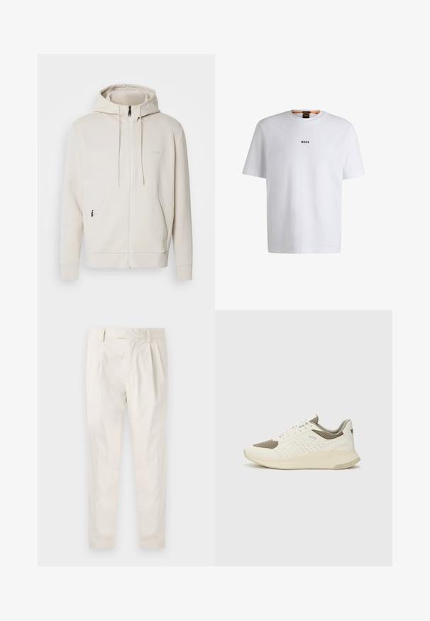 BOSS SAGGY - Sudadera con cremallera - light beige; Camiseta de algodón blanca de manga corta, con un logotipo negro "BOSS" centrado en el pecho y un diseño de cuello redondo.; Pantalones blancos plisados con un ajuste entallado, que presentan una textura suave, pasadores para el cinturón y piernas ajustadas. Sin bolsillos visibles ni patrones.; Zapatilla deportiva en blanco y beige claro, con parte superior de malla, detalles perforados y una mediasuela texturizada con la marca en el talón.