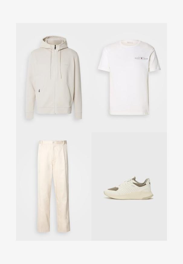 BOSS SAGGY - Felpa con zip - light beige; T-shirt bianco in cotone con collo rotondo, maniche corte e logo stampato. Presenta un design minimalista e una vestibilità rilassata.; Pantaloni in cotone beige con taglio dritto, dotati di chiusura a bottone e pence sul davanti per un tocco di dettaglio in più.; Sneaker atletica bianca e beige chiaro, con tomaia in mesh, dettagli perforati e una suola intermedia texturizzata con marchio sul tallone.