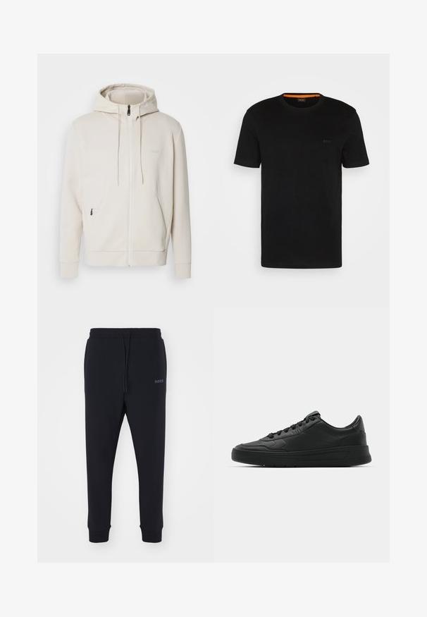 BOSS SAGGY - Jaka ar rāvējslēdzēju - light beige; Melnā T-kreklu ar īsām piedurknēm, kas izgatavots no mīksta auduma, ar apaļu kakla izgriezumu un diskrētu logotipu priekšpusē. Iekšējā apkakle ar oranžu akcentu.; Melnas sporta bikses, izgatavotas no mīksta materiāla ar elastīgu jostasvietu, auklu un sašaurinātām kājām. Iekļauta arī maza emblēma sānos.; Melnās kedas ar gludu ādas augšpusi, apaļu purngalu, plakaniem šņorēm, mīkstinātu apkakli un minimālistisku dizainu. Gumijas zole ar smalku rakstu.