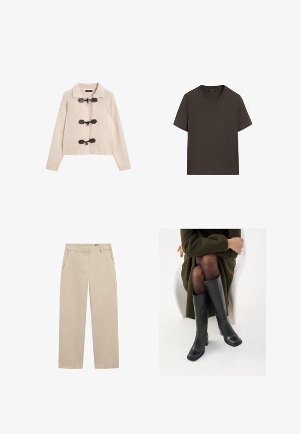 Beige strikket cardigan med krave, der har sorte toggles som lukning samt ribbede manchetter og forneden. Blød tekstur, cropped design.; Mørkebrun kortærmet t-shirt lavet af bomuld. Har en rund halsudskæring og en afslappet pasform, uden synlige mønstre eller detaljer.; Beige chinos lavet af bomulds twill, med et lige ben design, to frontlommer og en lynlås lukning. Glat tekstur med minimal detaljering.; Knæhøje sorte læder støvler med firkantet tå og blokhæl, vist med en model siddende i en olivengrøn frakke. Glat tekstur, minimal detaljer.