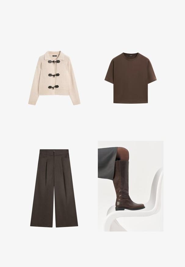 Beige strikket cardigan med krave, der har sorte toggles som lukning samt ribbede manchetter og forneden. Blød tekstur, cropped design.; Brun bomulds t-shirt, korte ærmer, rund halsudskæring, afslappet pasform, glat tekstur, minimalistisk design, ingen synlige mønstre eller accenter.; Vide benbukser i mørkebrunt stof med flad front, to sidelommer og en glat struktur med en skræddersyet silhuet.; Brun læder knæhøj støvle med afrundet tå, glat tekstur og minimale syningsdetaljer, sat mod en lys baggrund på en hvid stol.