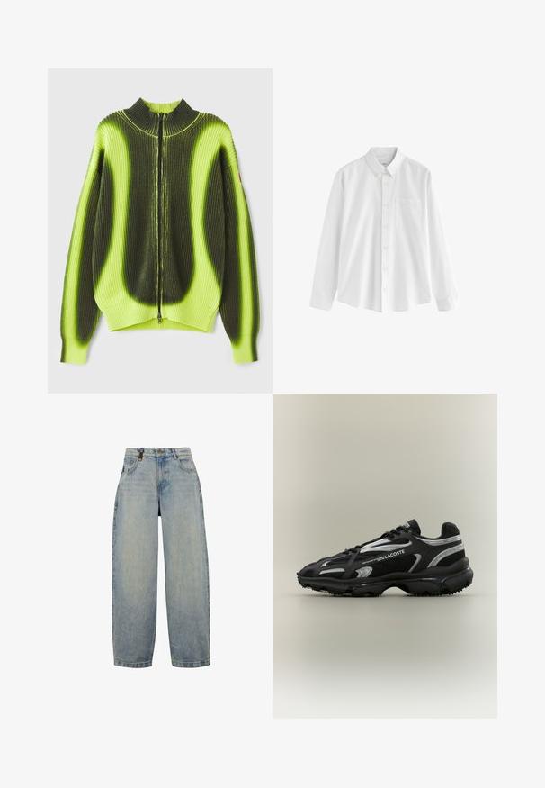 Kootud lukuga sviiter, millel on julge roheline ja musta värvi gradientdisain, ribikoe struktuur, kõrge kaelus ja eesmine lukustus. Kaunistatud mansettidega.; Valge pika varrukaga puuvillane särk, millel on nööpidega krae, üks rinnatasku ja mugav lõige. Ees on väikesed nööbid.; Heledad sinine teksad, mis on lõdva lõikega, kõrge vöökohaga, laiad sääred, klassikaline viie tasku disain ning metallist detailid.; Must musta ja hõbedane Lacoste'i tenniseking, millel on võrgutaoline ja sünteetiline ülemine osa, ümar nina, tekstuuriga tald ja bränditud detailid külgedel neutraalsel taustal.