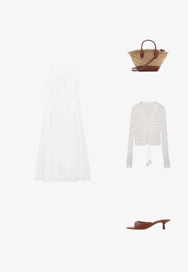 Bílý zkrácený kardigan vyrobený z háčkované látky, s výstřihem do V, dlouhými rukávy a zavazováním s třásněmi.; Bílé šaty bez rukávů s jednoduchým designem, A-liniového střihu, hladkým povrchem a švy po stranách.; Hnědé sandály na podpatku s otevřenou špičkou a hladkým, matným povrchem, které mají zakřivený design a průhledný, zúžený podpatek.; Tkaný slaměný košík s hnědými koženými akcenty, dvěma uchy a odnímatelným popruhem. Zakřivený tvar se silným dnem.