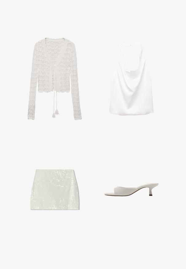 Vit kort cardigan i virkat tyg, med V-hals, långa ärmar och knytning med tofsdetaljer.; Vit ärmlös topp med draperad rygg, tillverkad av mjukt tyg. Har en rundad halsringning och en lös, avslappnad passform.; Bershka A-linjekjol - white; Vita öppna tofflor med en böjd design, låg klack, slät yta och ett subtilt sytt mönster. Brun accent vid klackens bas.