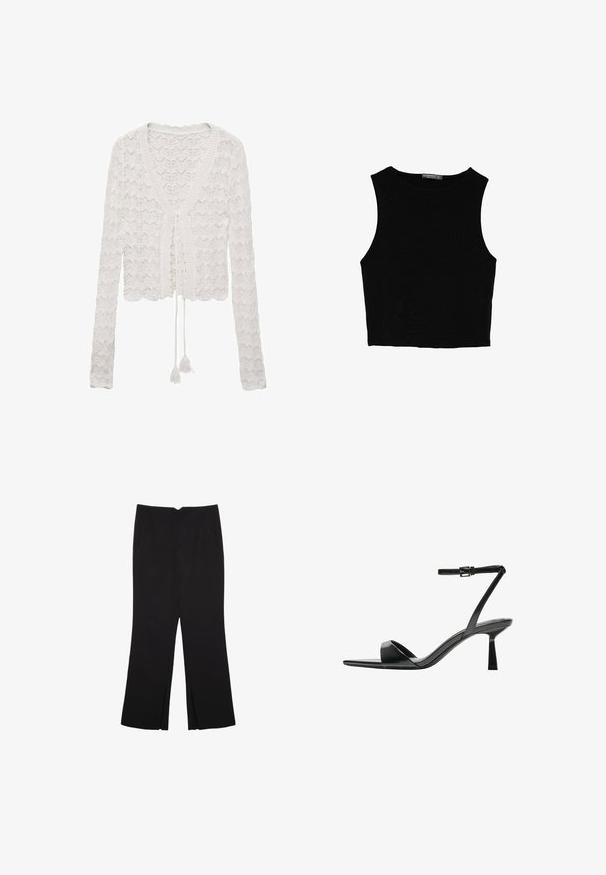 Hvid cropped cardigan lavet af et hæklede stof, med V-hals, lange ærmer og en båndlukning med frynser.; Sort ærmeløs crop top lavet af glat stof, med rund hals og et rent, enkelt design uden mønstre eller hardware.; Sorte bukser med lige pasform, der har frontlommer og slidser i kanten. Lavet af blødt, glat stof. Velegnet til forskellige anledninger.; Bershka Højhælede sandaletter / Højhælede sandaler - black