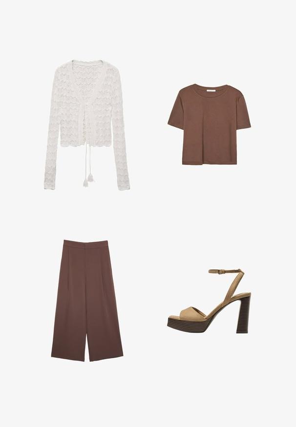 Weißer verkürzter Cardigan aus gehäkeltem Stoff, mit V-Ausschnitt, langen Ärmeln und einer Bindeschließe mit Fransenakzenten.; Braunes, kurzärmliges T-Shirt aus weichem Material mit rundem Halsausschnitt und lockerer Passform. Keine sichtbaren Muster oder Akzente.; Braune Weite-Leg-Hosen mit einer glatten Textur, hoher Taille und Vorderfalten. Der Stoff ist leicht und fällt locker.; Beige Wildleder-Pumps mit hohem Absatz, breitem Vorderband und Knöchelriemen, ausgestattet mit einem klobigen Holzblockabsatz mit strukturiertem Finish.