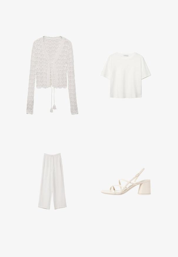 Biely skrátený cardigan vyrobený z háčkovanej látky, s výstrihom do V, dlhými rukávmi a viazaním so strapcami.; Biela krátkopsová tričko vyrobené z bavlny. Má okrúhly výstrih a voľný strih. Hladká textúra bez viditeľných vzorov alebo akcentov.; Biele široké nohavice vyrobené z ľahkej tkaniny. Obsahujú elastický pás so sťahovacou šnúrkou a bočné vrecká. Hladká textúra.; Béžové sandále na podpätku s jemnými, prekrývajúcimi sa remienkami, otvorenou špičkou a štvorcovým blokovým podpätkom. Hladký lesklý povrch, nastaviteľný remienok na členku.