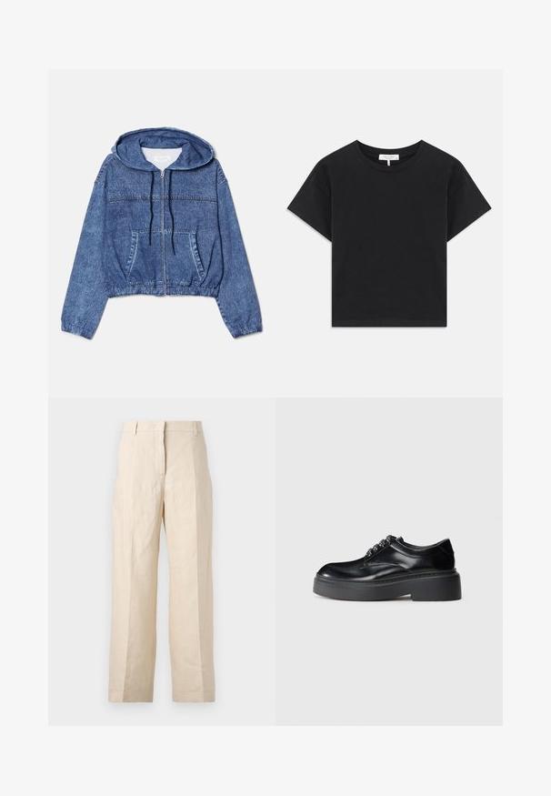 Lühendatud teksajakk, sinine, kapuutsiga, esi- jaoturiga ning tõmblukkude ja nööridega. Omab kahte külgtaskut ja elastseid vötmeid varrukatel.; Must must, mis mustest valmistatud T-särk, millel on ümar kaelus, lühikesed varrukad ja lihtne disain ilma mustrite või kaunistusteta.; Bež linasest püksid, millel on lõtv istuvus, volditud eesmine osa ja sirged jalad. Omab vööd, millel on vöökohaga silmused, ja nähtavaid taskuid ei ole.; Mustad musta nahast jalanõud, ümarate varvastega, paksu platvormitald ja dekoratiivne paelte ääristus. Sile tekstuur ja kontrastne õmblus nähtav.