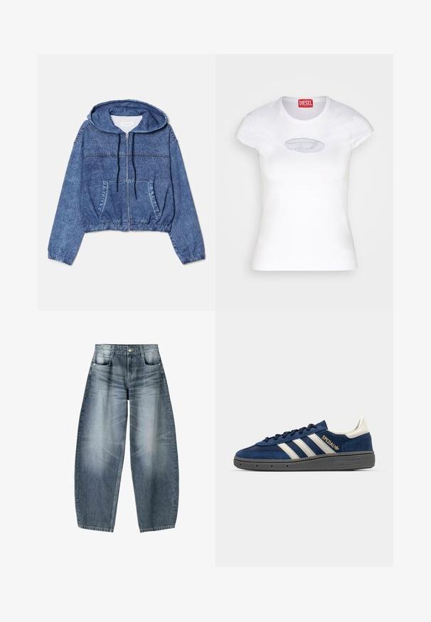 Skraćená džínsová bunda, modrá, s kapucňou, predným zipsom a šnúrkami. Obsahuje dve bočné vrecká a elastické manžety na rukávoch.; Biele priliehavé tričko z bavlny s okrúhlym výstrihom a krátkymi rukávmi, s svetlomodrým vyšívaným logom na prednej strane.; Džínsy s širokými nohavicami vyrobené z svetlomodrého denim materiálu s opotrebovaním, s piatimi vreckami, zapínaním na gombík a minimálnym prešívaním.; Námornícke semišové tenisky s bielymi pruhmi, zlatým detailom "Spezial", šedou textúrovanou podrážkou, zaoblenou špičkou a zladenými šnúrkami. Klasický dizajn.