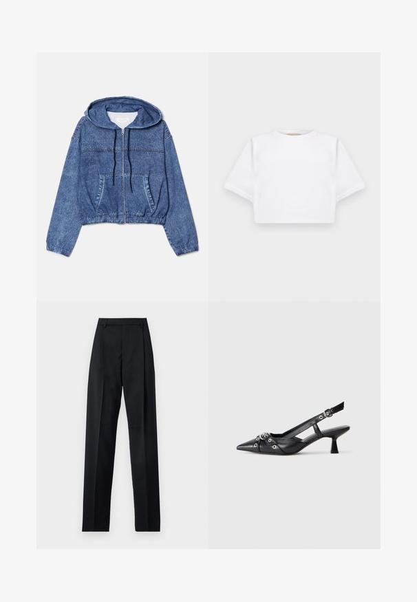 Kurze Denim-Jacke, blau, mit Kapuze, Frontreißverschluss und Kordelzügen. Verfügt über zwei Seitentaschen und elastische Bündchen an den Ärmeln.; Beschnittenes weißes T-Shirt aus weichem Stoff, mit kurzen Ärmeln, rundem Halsausschnitt und gerippten Saumdetails. Einfaches und schnörkelloses Design.; Schwarze Hosen aus glattem Stoff mit hoher Taille, weitem Bein, vorderen Falten und klassischen Gürtelschlaufen. Keine sichtbaren Seitentaschen.; Schwarzer Leder-Slingback-Schuh mit spitz zulaufender Zehenpartie, dekorativen Riemen mit METALLÖSEN und niedrigem Blockabsatz. Strukturelle Oberfläche.
