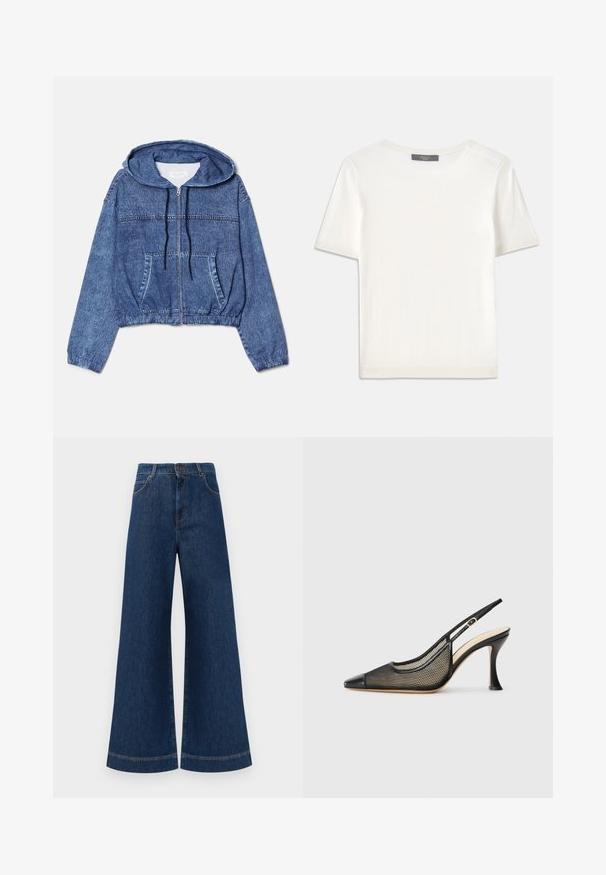 Lyhyt farkkutakki, sininen, hupullinen, etuvetoketjulla ja kiristysnaruilla. Sisältää kaksi sivutaskua ja elastiset hihansuut.; Valkoinen lyhythihainen neulepaita, jossa on pyöreä kaula-aukko. Paidan pinnassa on sileä rakenne ja hihansuissa sekä helmassa hienostuneet ribbineulekoristeet.; Siniset farkut leveällä lahkeella ja korkealla vyötäröllä, jossa on nappikiinnitys, vyölenkit sekä huomaamattomat tikkaus yksityiskohdat taskuissa ja lahkeissa.; Musta taustakorko, jossa on viistopää, verkkoyksityiskohtia ja sileä nahkakärki. Värit sisältävät mustaa ja beiget yksityiskohdat.