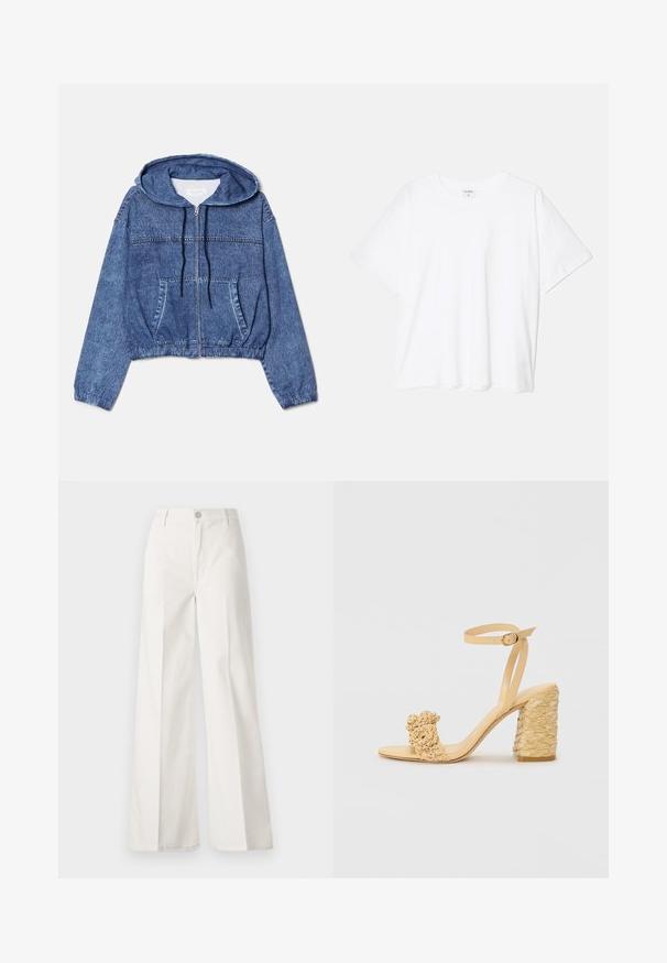 Lühendatud teksajakk, sinine, kapuutsiga, esi- jaoturiga ning tõmblukkude ja nööridega. Omab kahte külgtaskut ja elastseid vötmeid varrukatel.; Valge puuvillane T-särk lühikeste varrukatega, ümmargune kaelus, mugav lõige ja õmmeldud serv. Silt nähtav kaela seest.; Valged laiade jalgadega püksid, mis on valmistatud siledast puuvillast. Omab esitallist ning lukuga sulgemist ja nelja tasku disaini.; Beez kõrge kontsaga sandaalid, millel on punutud tekstuur, dekoratiivne lilleke ja pahkluu rihm. Ruudukujuline konts tagab stabiilsuse.