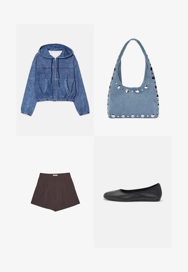 Zkrácená denimová bunda, modrá, s kapucí, předním zipem a stahovacími šňůrkami. Obsahuje dvě boční kapsy a elastické manžety na rukávech.; Bílá tričko s krátkým rukávem vyrobené z žebrované tkaniny. Kulatý výstřih, normální střih a jemné detaily šití. Bez vzorů nebo grafik.; Hnědé skladané šortky s vertikálními pruhy, mají plochý pas a upravený siluetu. Krátká délka s čistými švy.; Černé kožené baletní byty s kulatou špičkou, hladkou texturou, minimálními švy a flexibilním designem podrážky.; Semišová modrá kabelka s kulatým tvarem, zvýrazněná kovovými hroty podél okrajů a širokým ramenním popruhem. Hladký povrch.