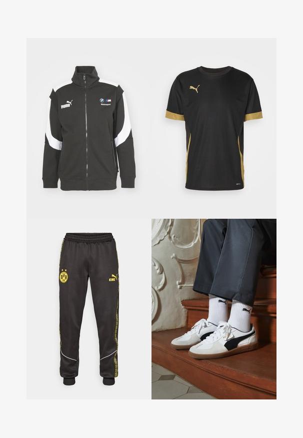 Giacca nera con zip e colletto alto, dettagli bianchi sulle spalle, loghi Puma e BMW Motorsport, e tessuto testurizzato. Presenta tasche laterali.; T-shirt sportivo nero con dettagli dorati sulle maniche e sui fianchi. Presenta un colletto rotondo, maniche corte e tessuto traspirante DRYCELL.; Pantaloni sportivi neri con loghi gialli di Borussia Dortmund BVB 09 e Puma King, vita elasticizzata e righe laterali gialle con motivo.; Sneakers Puma in suede bianco e nero, con suola in gomma marrone. Abbinati a calzini bianchi con logo nero, indossati con pantaloni scuri.