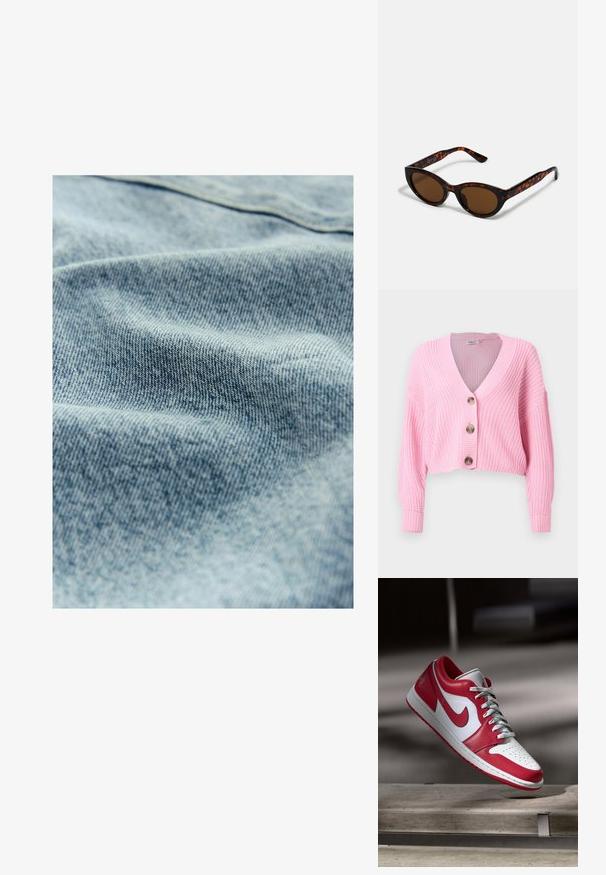 Różowy sweter z dzianiny, krótki w kroju, z dekoltem w kształcie litery V, trzema dużymi guzikami oraz prążkowanymi mankietami i dołem. Teksturowana tkanina o luźnym kroju.; Jasnoniebieska tkanina dżinsowa o delikatnej teksturze i widocznym splocie, pokazująca niewielkie różnice w kolorze i miękkości.; Czerwono-białe sneakersy Nike unoszące się nad kamiennym ławą w delikatnie oświetlonym wnętrzu.; Brązowe okulary przeciwsłoneczne w stylu tortoishell o klasycznym kształcie kociego oka i brązowych soczewkach. Posiadają zakrzywione ramiona z czerwonymi akcentami.