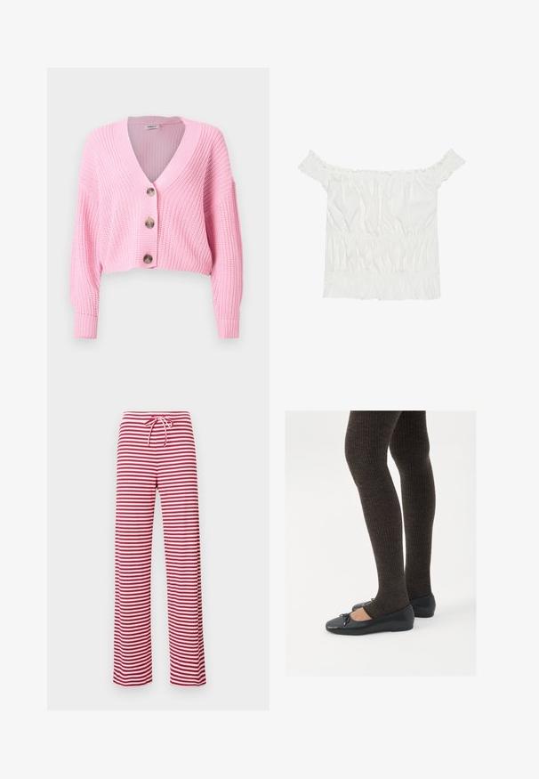 Pink knitted cropped cardigan featuring a V-neck, three large buttons, and ribbed cuffs and hem. Textured fabric with a loose fit.; White off-the-shoulder top with ruffled accents, gathered texture, and an elasticized waistband. Made from soft cotton fabric.; Red and white striped, loose-fit pants with a drawstring waist and ribbed texture. Straight leg design extends to ankle length.; Black flat shoes with a small bow detail at the toe, paired with dark brown ribbed tights. Shoes have a smooth texture and low profile.