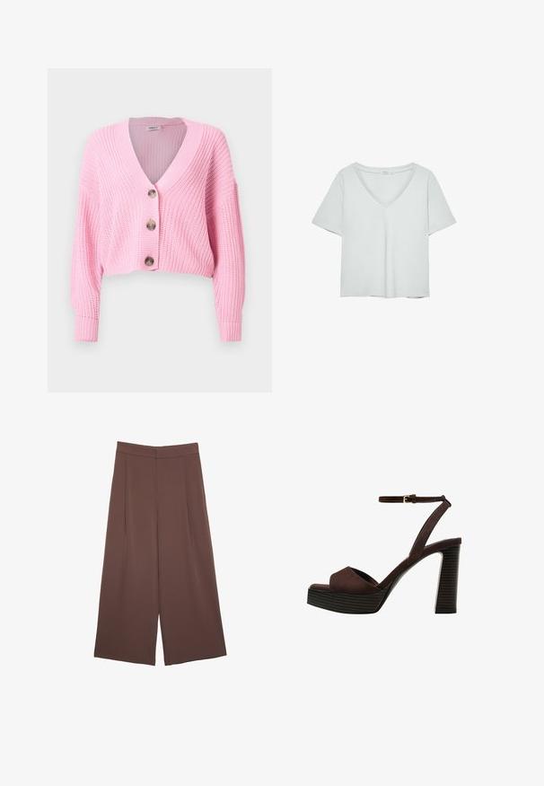 Różowy sweter z dzianiny, krótki w kroju, z dekoltem w kształcie litery V, trzema dużymi guzikami oraz prążkowanymi mankietami i dołem. Teksturowana tkanina o luźnym kroju.; Jasnoszary T-shirt z krótkim rękawem i dekoltem w serek, wykonany z miękkiego materiału; charakteryzuje się luźnym krojem i starannym wykończeniem bez wzorów.; Brązowe spodnie o szerokich nogawkach z gładką fakturą, z wysokim stanem i plisami z przodu. Materiał jest lekki i luźno opada.; Brązowe zamszowe sandały na wysokim obcasie z odkrytymi palcami, regulowanym paskiem na kostce i paskowatą podeszwą.