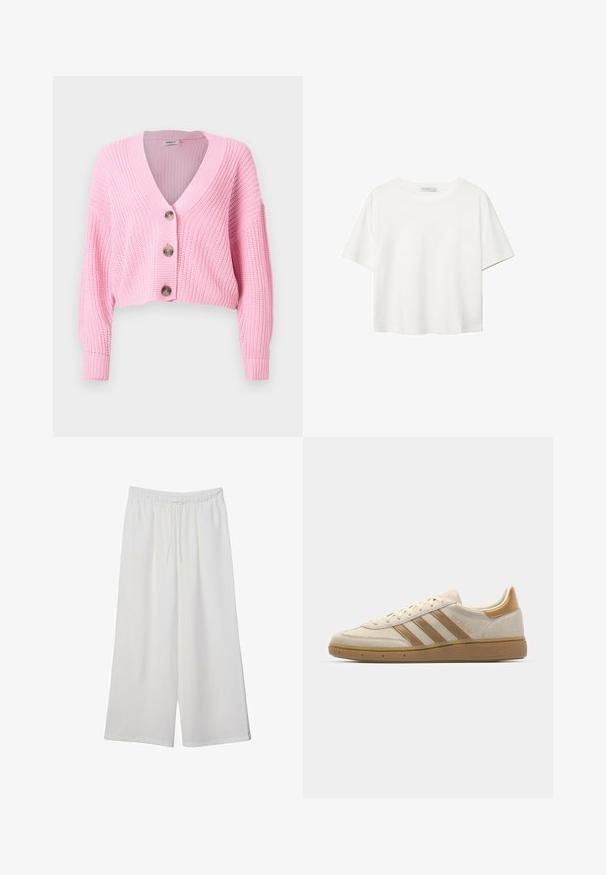 Růžový pletený zkrácený kardigan s V-výstřihem, třemi velkými knoflíky a žebrovanými manžetami a lemem. Texturovaná látka s volným střihem.; Bílý krátký rukáv tričko vyrobené z bavlny. Má kulatý výstřih a volný střih. Hladký materiál bez viditelných vzorů nebo akcentů.; Bílé kalhoty s širokými nohavicemi vyrobené z lehké tkaniny, s elastickým pasem a stahovací šňůrkou pro nastavitelnou velikost. Hladká textura.; Béžové semišové tenisky s světle hnědými akcenty. Mají tři hnědé pruhy, texturovanou gumovou podrážku a zaoblený design špičky.