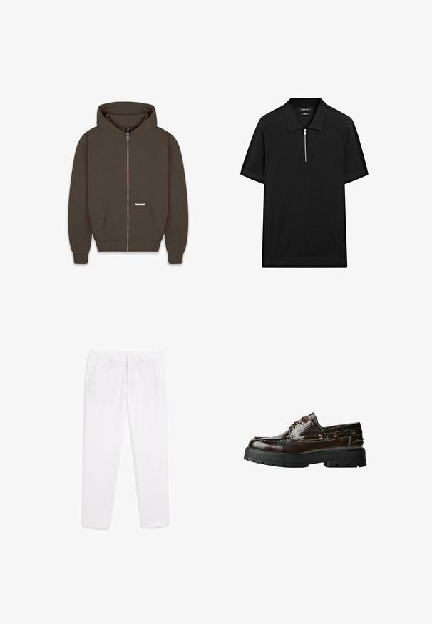 Hoodie zippé marron en tissu doux, avec une grande capuche, deux poches avant et des poignets et un ourlet côtelés. Petite étiquette sur la poche.; Polo-shirt noir à manches courtes avec col montant et fermeture éclair à l'avant. Fabriqué en tissu lisse avec un design épuré et minimaliste.; Pantalon blanc à coupe droite, fabriqué en tissu léger. Il présente des poches latérales et une fermeture à bouton à la taille.; Bateau en cuir marron avec une semelle en caoutchouc, présentant des détails de couture, des œillets en métal et un design à lacets. Construction épaisse et légère.