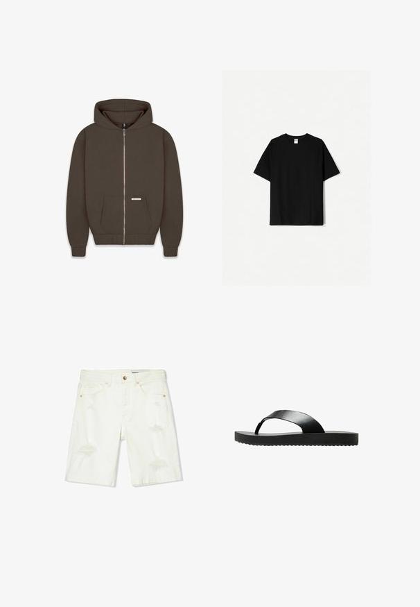 Hnědá zipová mikina vyrobená z měkké tkaniny, která má velkou kapuci, dva přední kapsy a žebrované manžety a lem. Malá nálepka na kapse.; Černé bavlněné tričko s krátkým rukávem, kulatým výstřihem a volným střihem. Má jednoduchý design bez vzorů nebo akcentů.; Bílé denimové šortky s mírným pasem, s opotřebovanými detaily, pěti kapsami a měděnými prvky. Hladká textura s volným střihem.; Černé žabky s plochou podrážkou, vyrobené z hladkého materiálu. Mají minimalistický design s jedním popruhem a texturovanou spodní stranou.