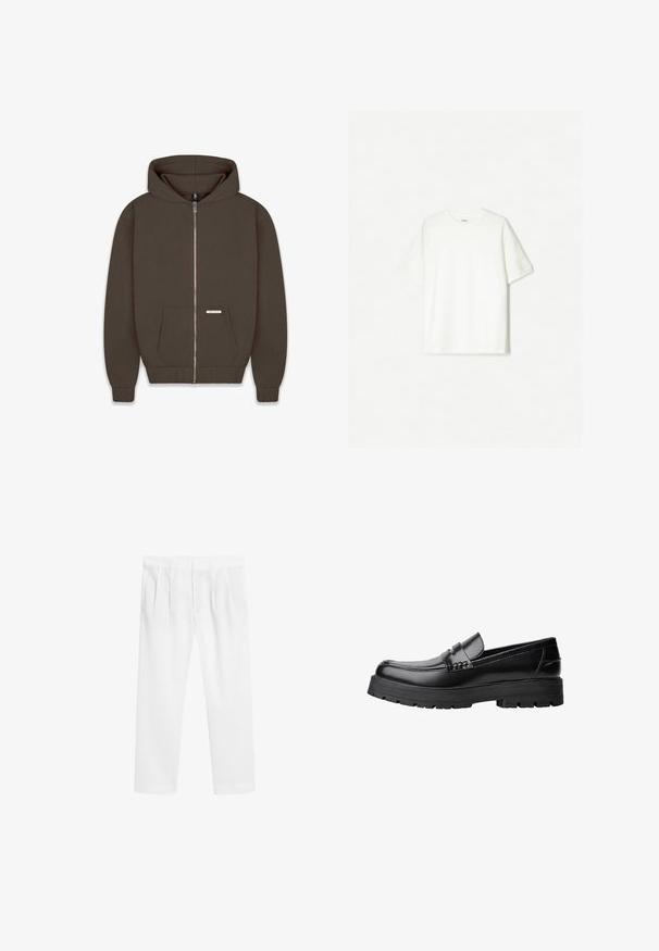 Hoodie zippé marron en tissu doux, avec une grande capuche, deux poches avant et des poignets et un ourlet côtelés. Petite étiquette sur la poche.; T-shirt blanc à manches courtes en coton doux. Design à col rond avec une coupe décontractée et sans logos ni motifs visibles.; Pantalons légers blancs avec une coupe décontractée. Caractéristiques : devant plat, taille élastique et poches latérales. Texture lisse, jambes droites.; Mocassin en cuir noir avec semelle épaisse à motifs et une sangle décorative sur le dessus, présenté en profil sur le côté gauche sur fond blanc.