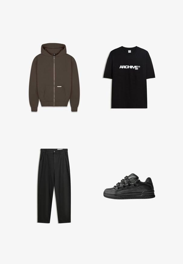 Brown zip-up hoodie made of soft fabric, featuring a large hood, two front pockets, and ribbed cuffs and hem. Small label on pocket.; Black cotton T-shirt featuring a white "ARCHIVE inc." logo across the chest, short sleeves, and a crew neckline.; Black cotton trousers with a relaxed fit, featuring a classic waistband, front pleats, and side pockets. Smooth texture without patterns.; Black sneakers with a smooth leather upper, textured accents, and round black and white laces. Thick rubber sole with a patterned tread.