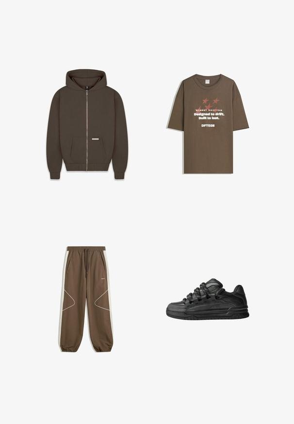 Brown zip-up hoodie made of soft fabric, featuring a large hood, two front pockets, and ribbed cuffs and hem. Small label on pocket.; Brown cotton T-shirt with short sleeves, featuring graphic text and stars in contrasting colors. Straight cut with a round neckline.; Brown joggers with a drawstring waistband, side pockets, and contrasting cream side panels featuring white stitching and curved patterns.; Black sneakers with a smooth leather upper, textured accents, and round black and white laces. Thick rubber sole with a patterned tread.