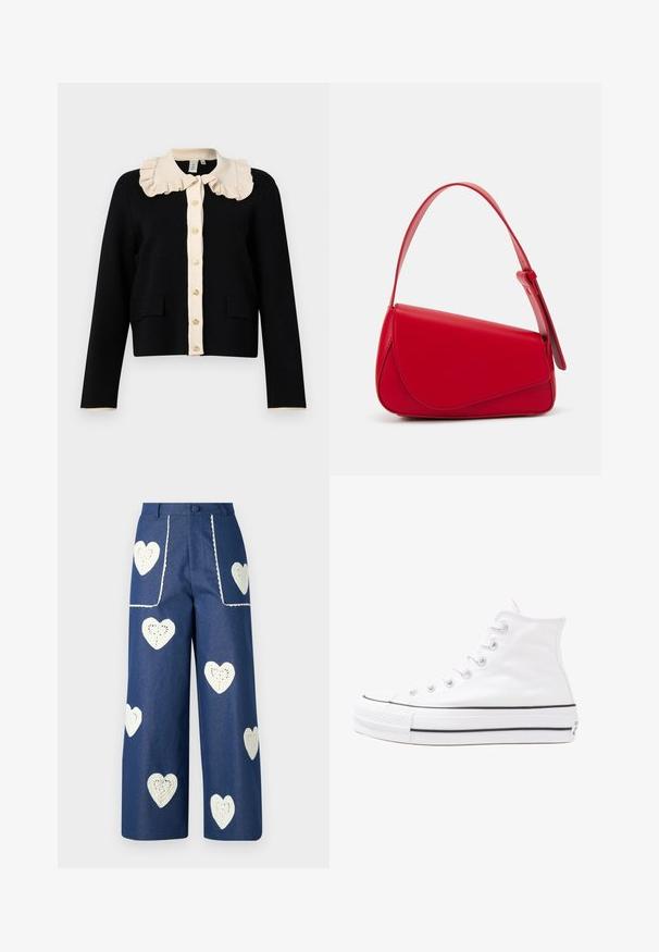 Schwarze, taillierte Strickjacke mit einem cremefarbenen, rüschierten Kragen, goldener Knopfverschluss und zwei vorderen Taschen; strukturiertes Gewebe mit kontrastierenden Ärmelbündchen.; Blumenbluse mit langen Puffärmeln, hellcremefarbenem Grund, mit lila, orangefarbenen und grünen Blumenmustern sowie klassischem Kragen.; Sister Jane HEART TO HEART - Jeans Straight Leg - blue denim; Weiße hochwertige Leinensneaker mit schwarzer Gummisohle, vorderem Gummizehenschutz und sechs Ösen für Schnürsenkel, die ein sauberes, minimalistisches Design aufweisen.; Rote Lederhandtasche mit einem kantigen, geometrischen Design. Verfügt über einen verstellbaren Schulterriemen und einen Klappenverschluss mit genähten Details.