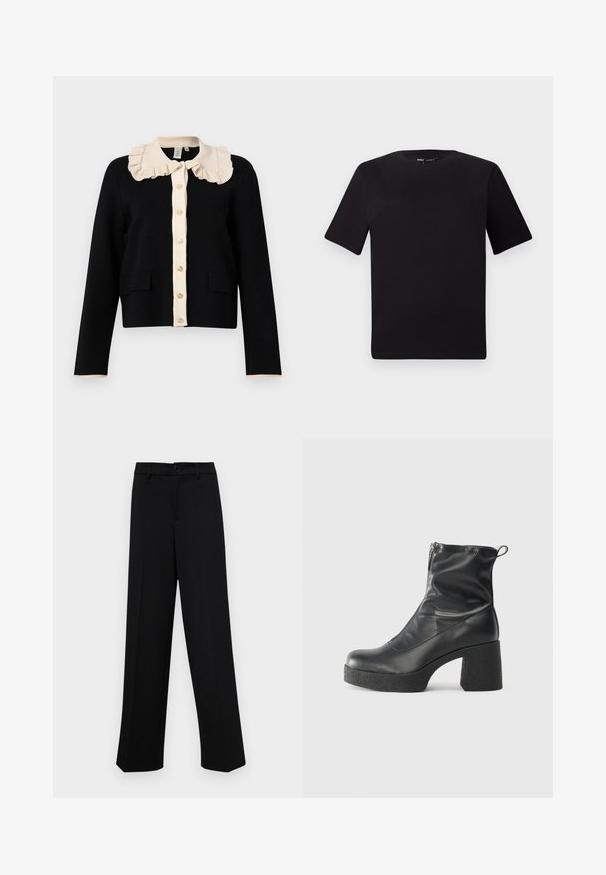 Black cropped cardigan with a cream ruffled collar, gold button closure, and two front pockets; textured fabric with contrasting sleeve trim.; Black short-sleeve t-shirt with a round neckline, crafted from soft cotton fabric. Simple design, no visible logos or patterns.; Black wide-leg trousers made of smooth fabric, featuring a classic waistband with a button closure and front pleats.; Black ankle boots made of smooth leather, featuring a side zipper, chunky textured heel, and rounded toe design.