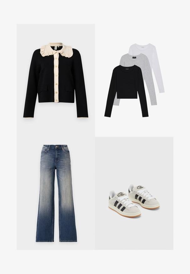 Black cropped cardigan with a cream ruffled collar, gold button closure, and two front pockets; textured fabric with contrasting sleeve trim.; Three long-sleeve tops stacked: black, grey, and white. Each has a round neckline and a cropped design with smooth, lightweight fabric.; High-waisted wide-leg jeans in light to dark blue denim with fading, featuring a button closure and belt loops. Clean hem and no visible embellishments.; Gray suede sneakers with white laces, black stripes, and a white rubber sole. Features a circular logo on the tongue and a gum sole.