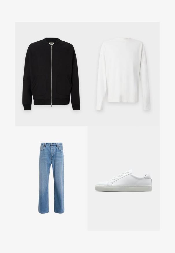 Crna bomber jakna s patentnim zatvaračem sprijeda, rebrastim ovratnikom i manšetama, dva prednja džepa, izrađena od mekog materijala, s čistim dizajnom.; Bijela pamučna košulja dugih rukava s okruglim izrezom, bočnim prorezima pri dnu i glatkom teksturom, prikazana s leđa.; Svijetloplave traperice s ravnim nogavicama, pet džepova, zatvaranjem na gumb, minimalnim izbljeđivanjem i kontrastnim šavovima.; Bijela tenisica s glatkim kožnim gornjim dijelom i niskim profilom. Ima zaobljen vrh, šest rupica za vezanje i teksturiranu gumenu podlogu.