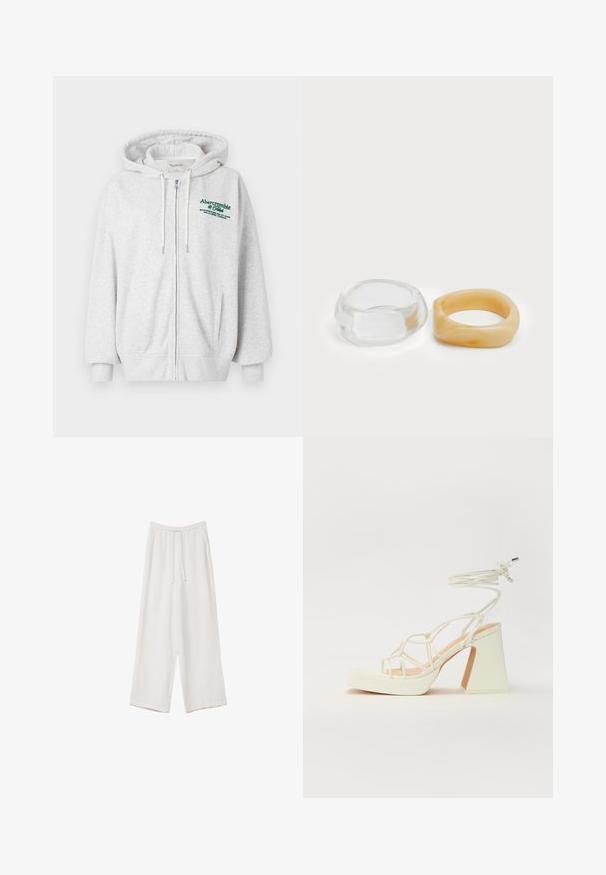 Huppari harmaa, vetoketjulla, valmistettu pehmeästä kankaasta. Ominaisuuksiin kuuluu kiristettävä huppu, ribbaatut hiharesorit ja etutaskut. Vihreä logo rinnassa.; Valkoinen lyhythihainen T-paita, joka on tehty puuvillasta. Siinä on pyöreä kaula-aukko ja rento malli. Silkkinen pinta ilman näkyviä kuvioita tai koristeita.; Valkoiset leveälahkeiset housut kevyestä kankaasta. Ominaisuuksiin kuuluu elastinen vyötärö, jossa on nauhakuuluma ja sivutaskut. Sileä rakenne.; Valkoinen korkokenkä, jossa on paksu korko, ja joka sisältää nauhakiinnityksen ja nilkkaketjun. Sujuva pinta, jossa on platform-etupohja lisäkorkeutta varten.; Selkeä ja meripihkaiset hartsi-renkaat, yksi sileä ja läpinäkyvä, toinen teksturoitu, meripihkan värinen. Molemmat esittelevät pyöristettyjä, massiivisia muotoja.