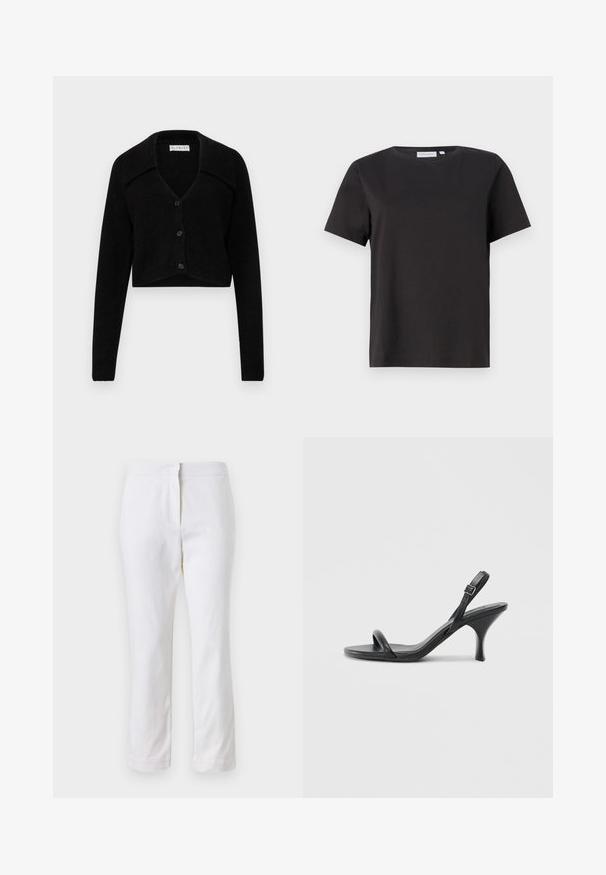 Melnā īsā kardigāna jaka, kas izgatavota no strukturētas auduma, ar plašu apkakli, V veida izgriezumu un pieciem priekšējiem pogām. Garas piedurknes ar ribu aprocēm.; Melns kokvilnas t-krekls ar īsām piedurknēm, apaļu kakla izgriezumu un vienkāršu, tīru dizainu. Nav redzamu rakstu vai rotājumu.; Baltas kokvilnas bikses ar taisnu kāju dizainu, ar vidēju augstumu un bez redzamām detaļām vai rakstiem. Visā virsmā ir gluda tekstūra.; Melnas ādas augstpapēžu sandales ar plānu, izliekta formas papēdi un krustenisku siksnu dizainu. Regulējama potītes siksna. Gluda tekstūra.