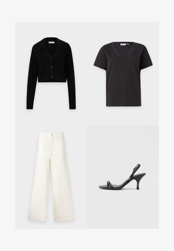 Svart kort cardigan laget av teksturert stoff, med bred krage, v-hals og fem frontknapper. Lange ermer med ribbestrikkede mansjetter.; Svart bomull T-skjorte med V-hals og korte ermer. Enkel design med vanlig passform og uten mønstre eller detaljer.; Vide bukser i lys beige bomull. Har høy midje, frontlommer og rett passform. Renslig søm uten mønstre.; Sorte skinnhøye hæler med en slank, buet hæl og et kryssrem-design. Justerbar ankelrem. Glatt tekstur.