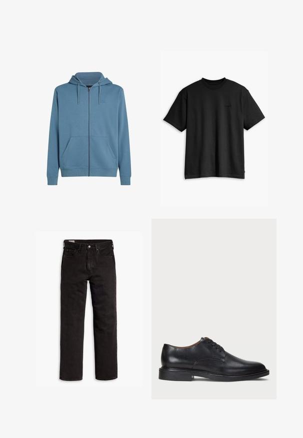 Ljusblå zip-up huvtröja i mjukt material. Har en framzipper, två sidofickor och en justerbar huva. Logotyp på vänster bröst.; Svart bomullströja med rund hals och korta ärmar. Har en diskret logotyp fram och en rak nederkant. Enkelt och minimalistiskt design.; Svarta raka denimjeans med fem fickor, knappstängning och bälteshällor, liggande plant på en vit bakgrund.; Svart läderklänningsko med rund tå, snörning och låg staplad klack. Slät yta med minimala sömdetaljer.