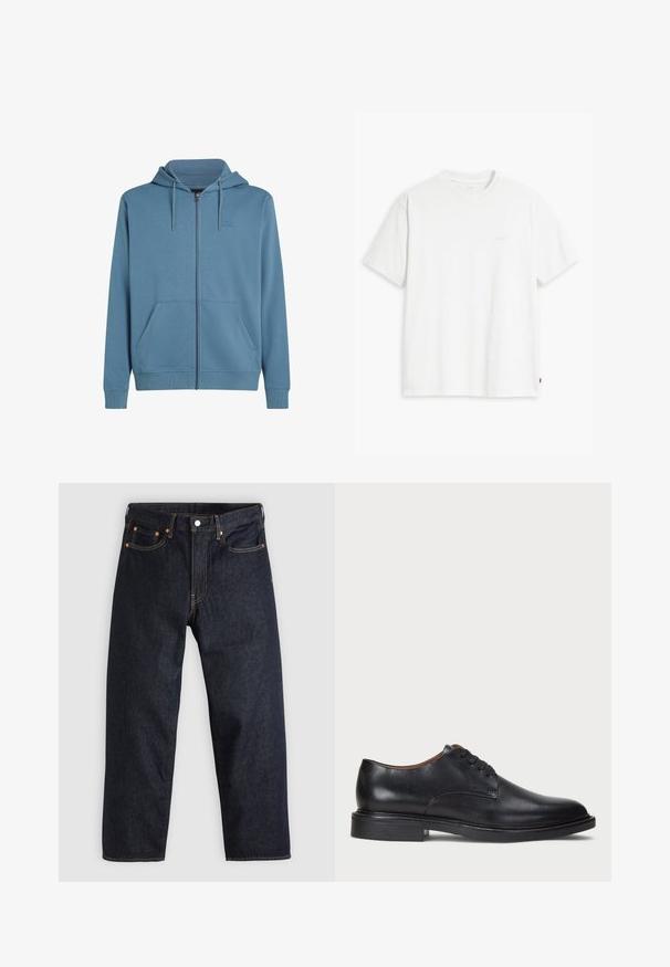 Lichtblauwe rits hoodie van zachte stof. Voorzien van een rits aan de voorkant, twee zijzakken en een capuchon met koord. Logo op de linkerborst.; Witte katoenen T-shirt met korte mouwen, ronde hals en subtiele Levi's logo gedrukt in het midden. Zachte textuur en standaard pasvorm.; Donkerblauwe denim jeans met een rechte snit, vijf zakken, contrasterende oranje stiksels en een knoopsluiting. Geen zichtbare patronen of versieringen.; Zwart leren dresschoen met een ronde neus, vetersluiting en een lage gestapelde hak. Gladde textuur met minimale stiksels.