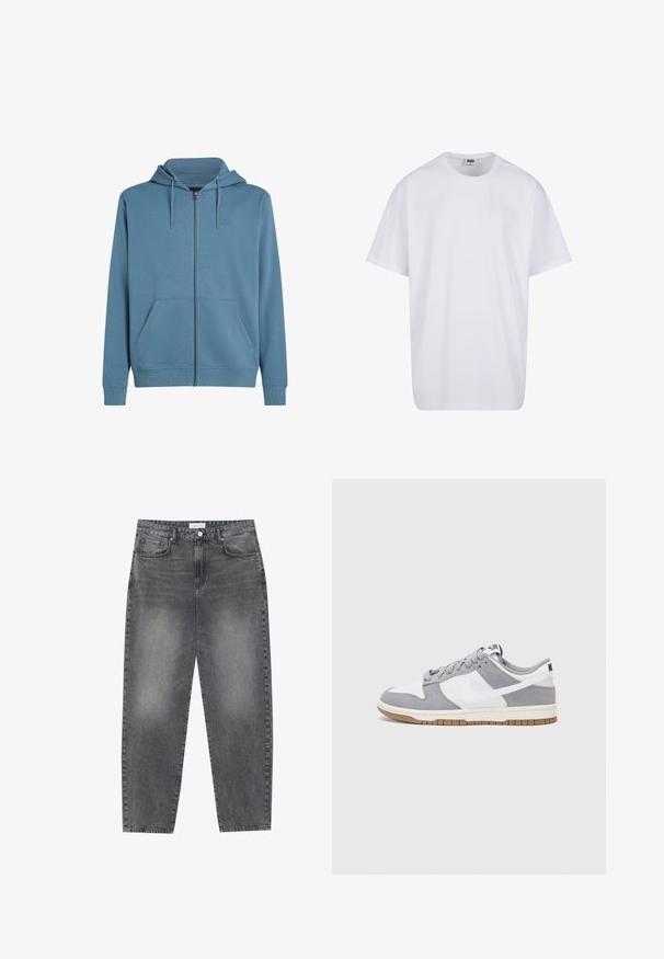 Gaiši zils kapuces džemperis ar rāvējslēdzēju, kas izgatavots no mīkstas auduma. Iezīmējas ar priekšējo rāvējslēdzēju, divām sānu kabatām un kapuci ar auklu. Logo uz kreisā krūšu kabatas.; Balta kokvilnas T-kreklu ar īsām piedurknēm, apaļu kakla izgriezumu, brīvu piegriezumu un bez redzamām logo vai rakstiem. Gluda tekstūra un minimālistisks dizains.; Augsta vidukļa, platā stila džinsi izbalējušā melnā denima. Ar pieciem kabatām, jostas cilpām un tīru, taisnu kāju dizainu.; Pelēki un balti sporta apavi ar zamšādas un ādas virsu, noapaļota purngala, plakaniem šņorēm un gumijas zoli ar gumijas akcentu.