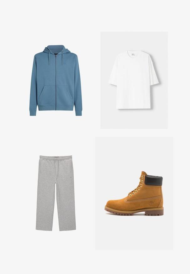 Svetlomodrá mikina na zips, vyrobená z mäkkej tkaniny. Obsahuje predný zips, dve bočné vrecká a kapucňu so sťahovacou šnúrkou. Logo na ľavej strane hrudníka.; Biela tričko s krátkym rukávom vyrobené z bavlny, s okrúhlym výstrihom a voľným strihom. Hladká textúra, bez viditeľných vzorov alebo akcentov.; Šedé bavlnené nohavice na voľný čas s elastickým pásom, šnúrkou a dvomi bočnými vreckami; rovný strih nohavíc, jemná textúra, bez vzorov.; Tyrkysové semišové členkové topánky s čiernym polstrovaným golierom, zlatými kovovými očkami, bielym prešívaním a robustnou gumovou podrážkou s výraznými drážkami.